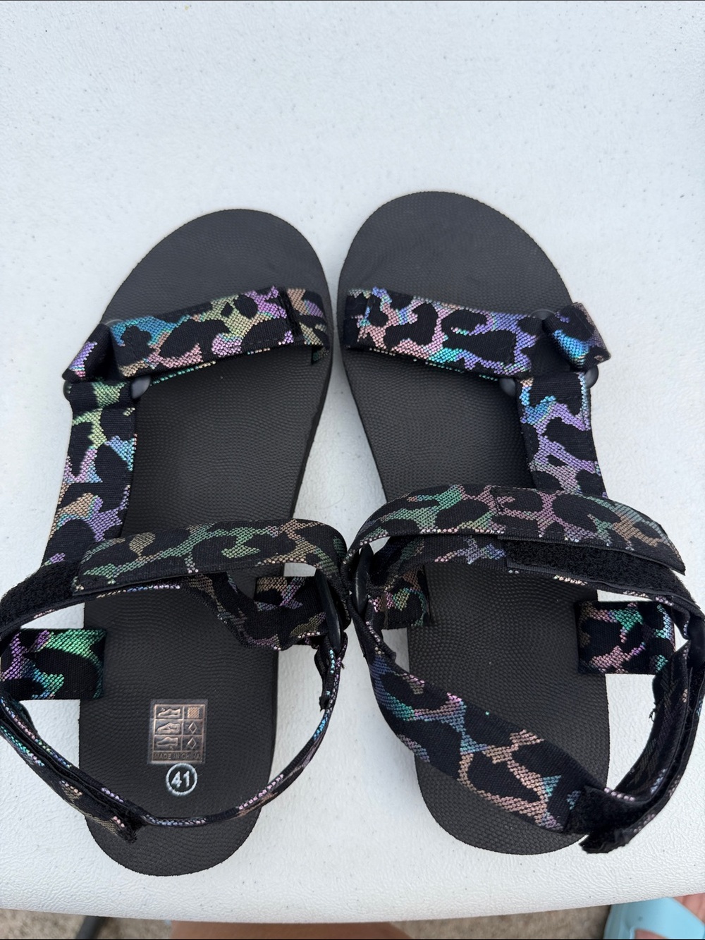 Women's Black Sandals with Iridescent Leopard-Print Straps